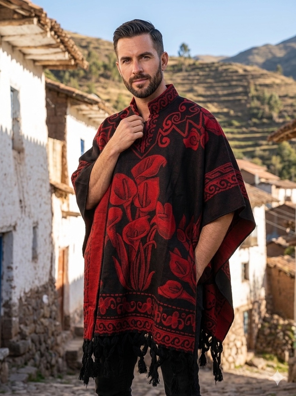 Hand Crafted Red and Black Floral Men's Poncho